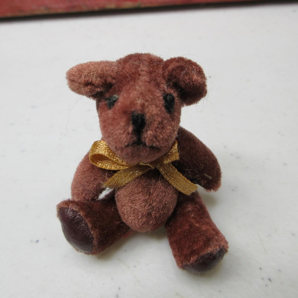 VTG 2.5" Miniature Brown Teddy Bear Plush Stuffed Animal with Gold Bow Ornament